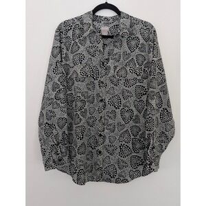 Chico's Black White Heart Print Button Down Shirt Blouse Long Sleeve Size 3 XL